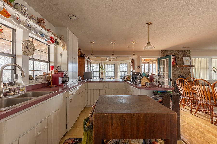 The kitchen has plenty of room for food preparation.  Includes dishes, flatware, glasses, cups and kitchen utensils. 