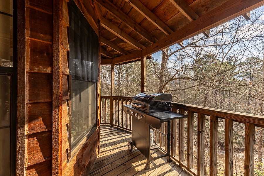 Propane BBQ grill adjacent to the dining area and the screened in porch. 