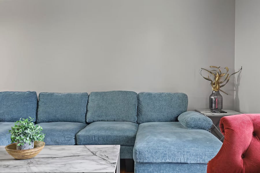 Living room with sleeper couch, smart TV and closet space.