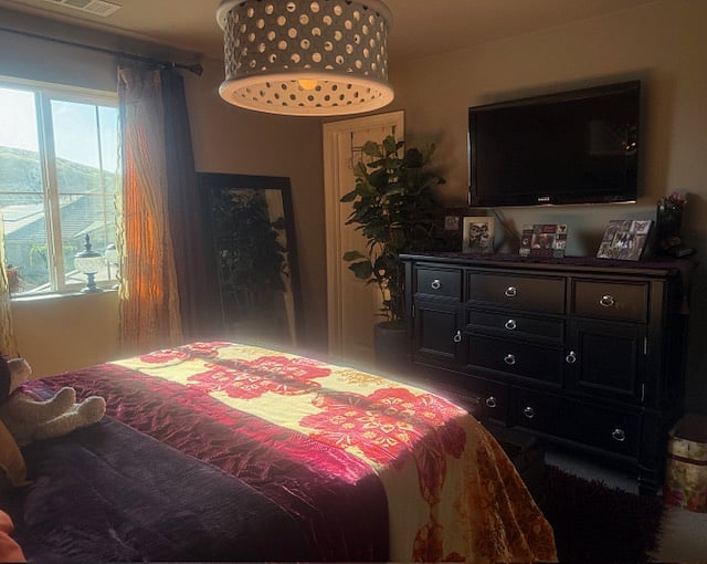 Bedroom w/memory foam queen bed, complete bedding, dresser, nightstands, TV, full-coverage drapes, free-standing mirror, and closet with over-the-door hooks