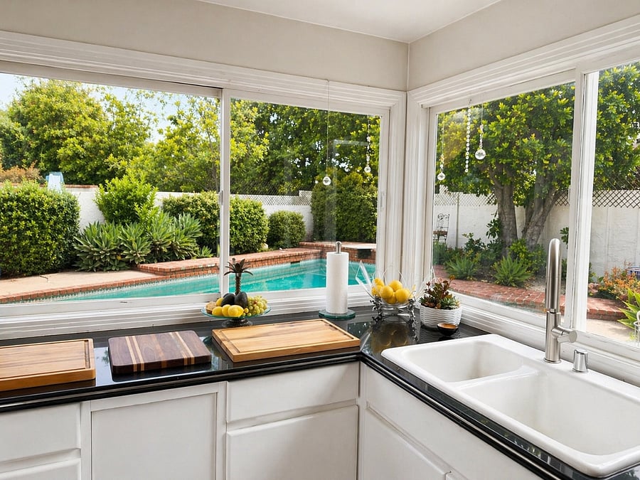 Kitchen space overlooking the pool.