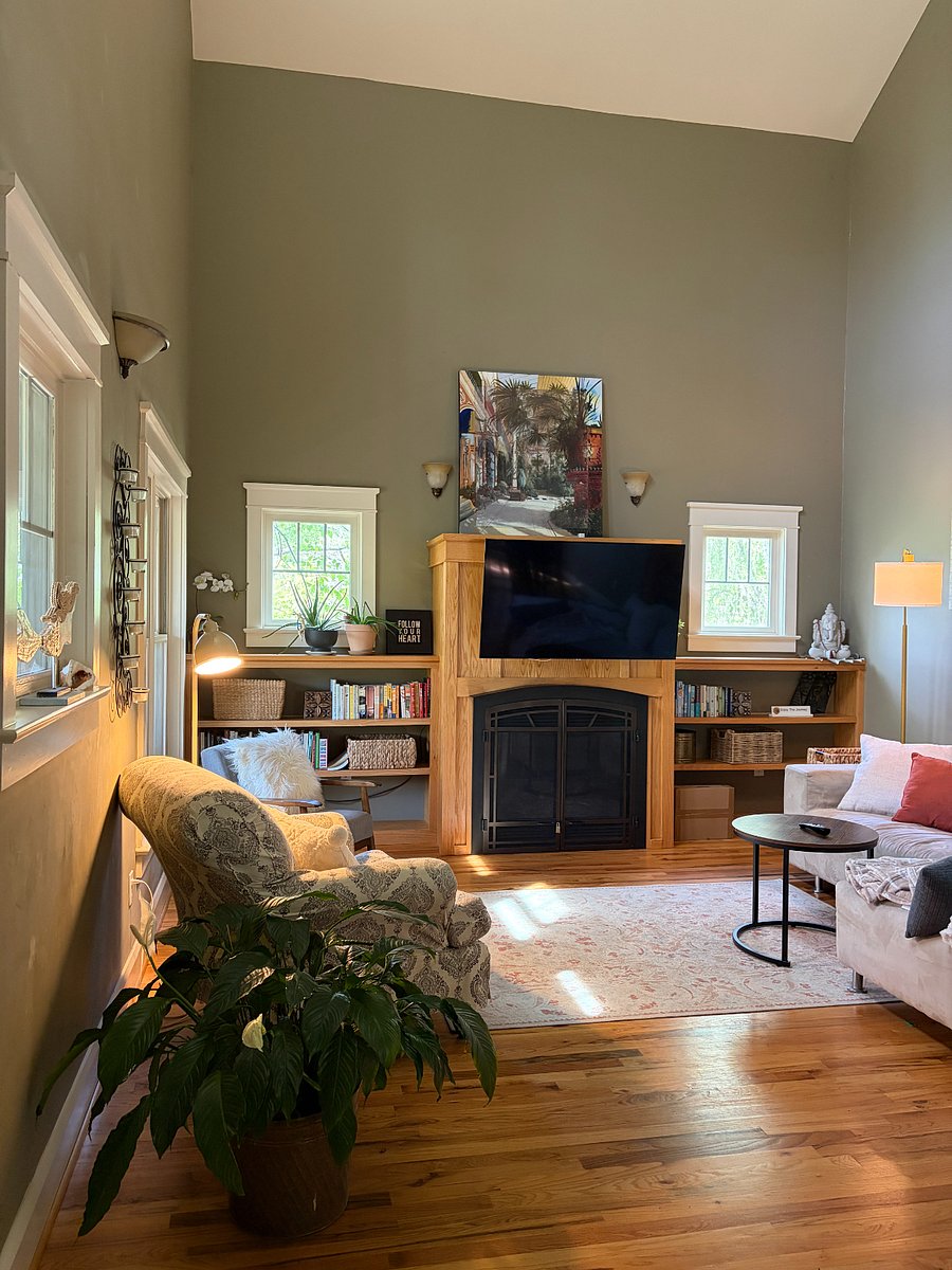 Shared living room with Roku TV and books
