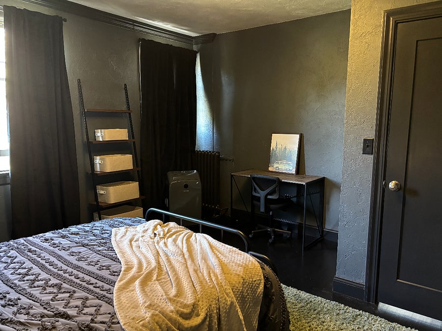 Spare Bedroom w/ queen sized bed, blackout curtains, desk, office chair