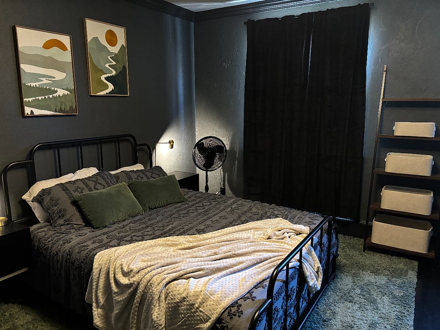 Spare Bedroom w/ queen sized bed, blackout curtains, desk, office chair