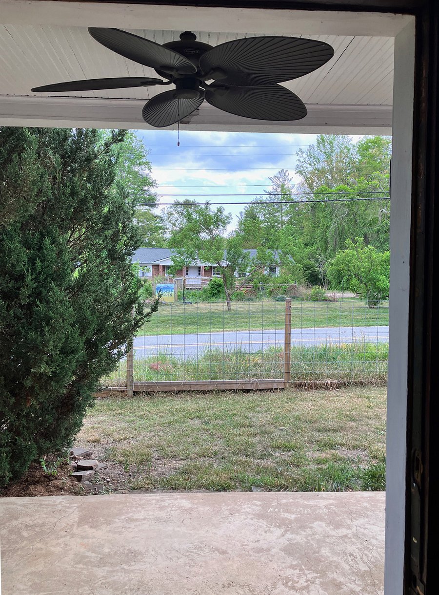 Looking out the front door. There's a community garden across the street. Volunteers are in short supply, so it's not very prolific.