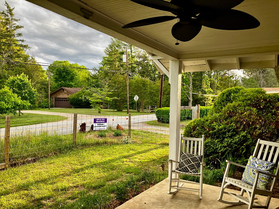 From the front porch, looking west. There's a ceiling fan for those warm afternoons.