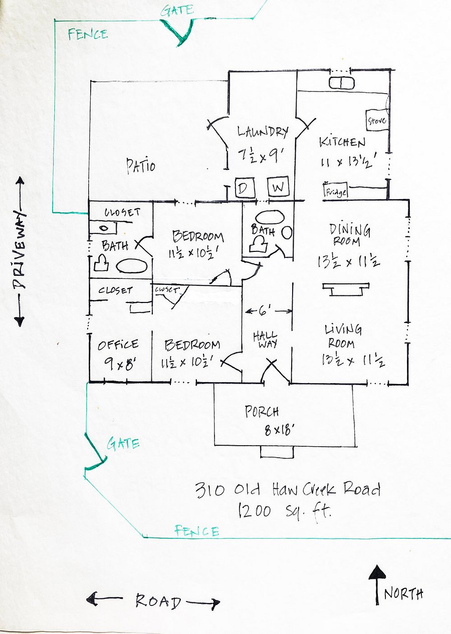 Here's the layout of the house. Parking is in the back of the house, so you're most likely to enter and leave through the laundry room.