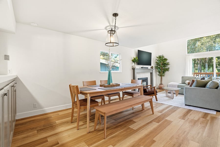 New wooden table with bench. Seating for 8