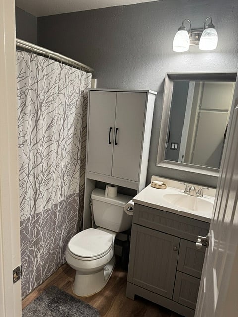 central / 2nd bathroom with semi-circular curtain rod for additional space in the shower and removable shower wand shower head