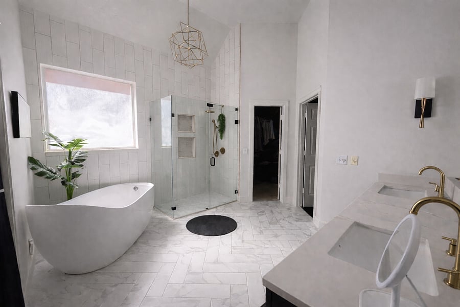 Primary bathroom- tub, standing shower, double sinks and double closets