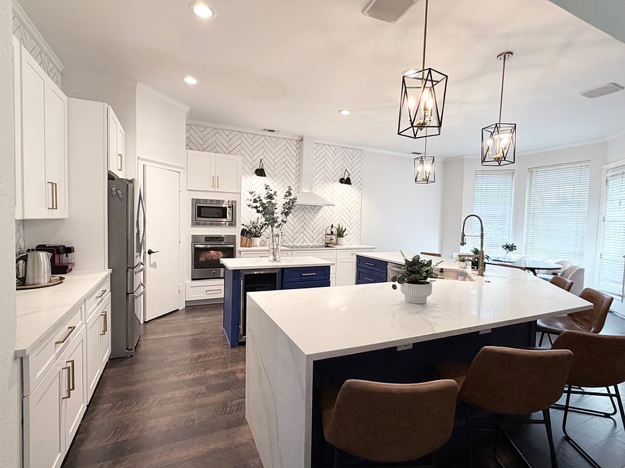Smaller island has beverage fridge