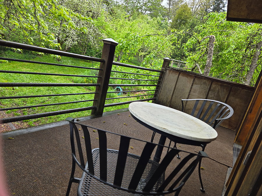 Balcony with table/chairs, and quiet to enjoy being up in the trees, and overlooking the garden and fruit orchard, plus deer and forest beyond.