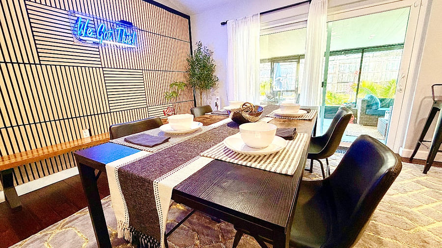 Dining room and sliding door to backyard lounge area.
