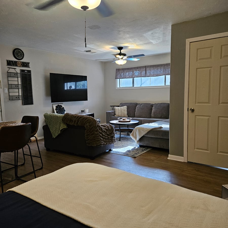 From bed, looking toward the living area.