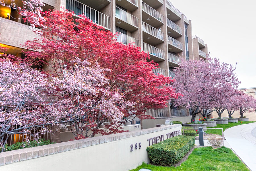 Building exterior, Condo features 2 private patios with mature trees and lovely landscaping.