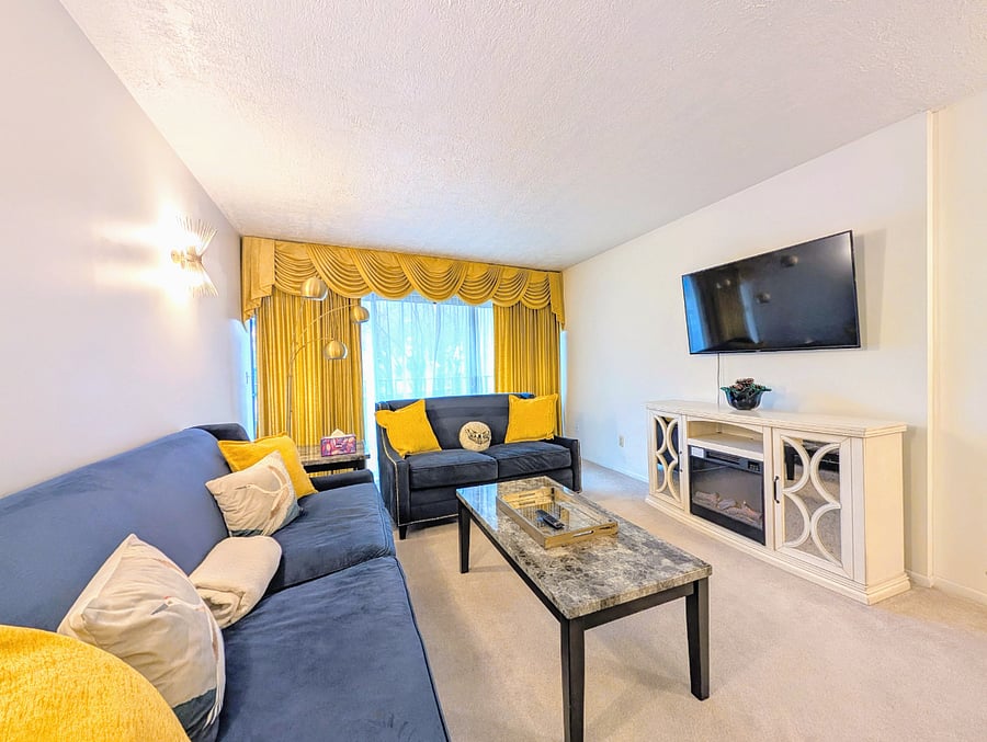 Large living room with electric fireplace and TV