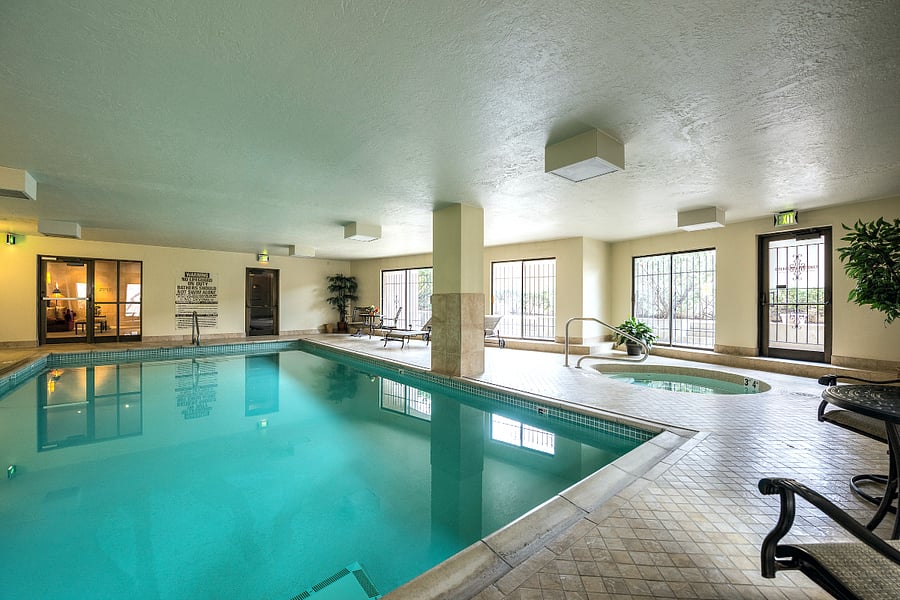 Huge heated pool and spa open year round. Also on the first floor you will find separate locker rooms and saunas.