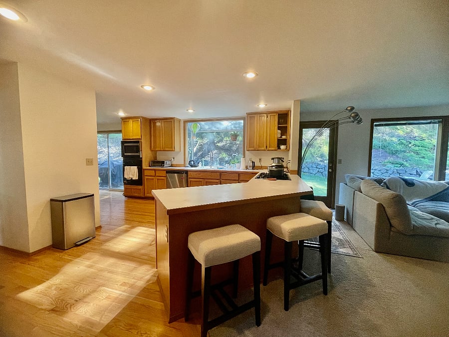 Exiting from the far side of the dining room you reach the spacious kitchen.