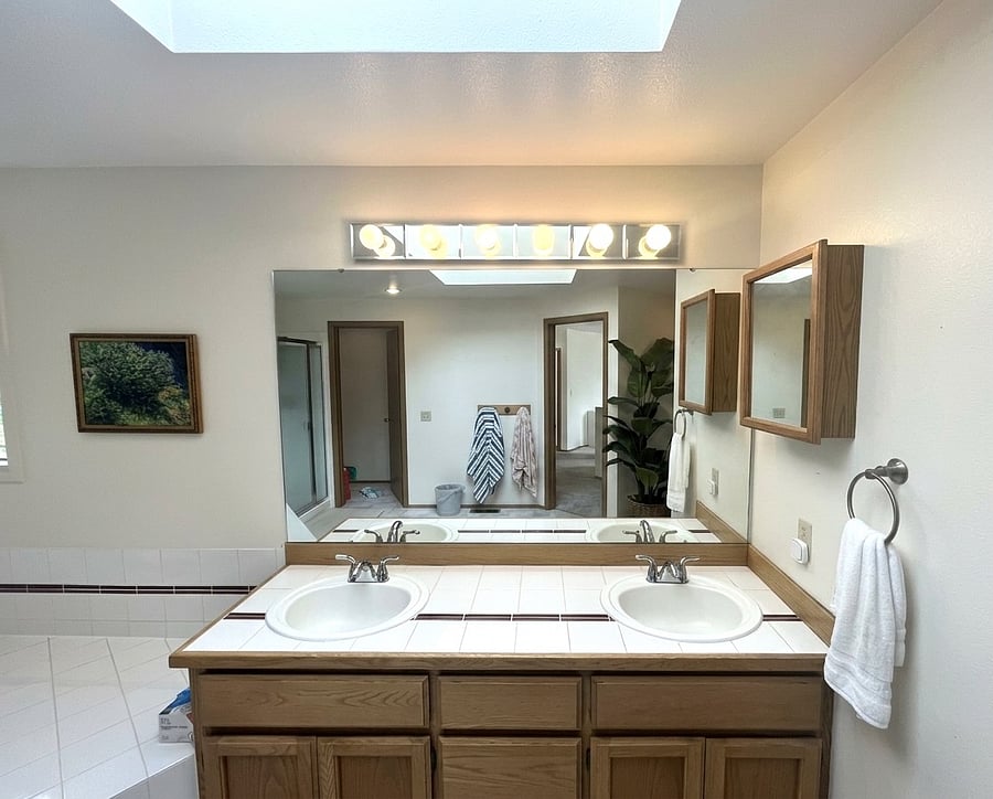 Double sink for the primary bathroom and lots of counter space.