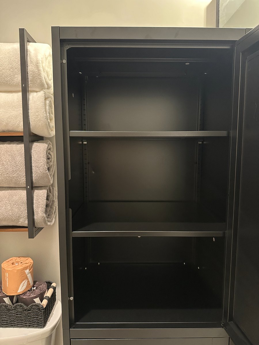 Three shelves per top and bottom locker half, each with dimensions of 14" Width x 19" Length. Two shelves are ~10" high, and one is ~8" high. 