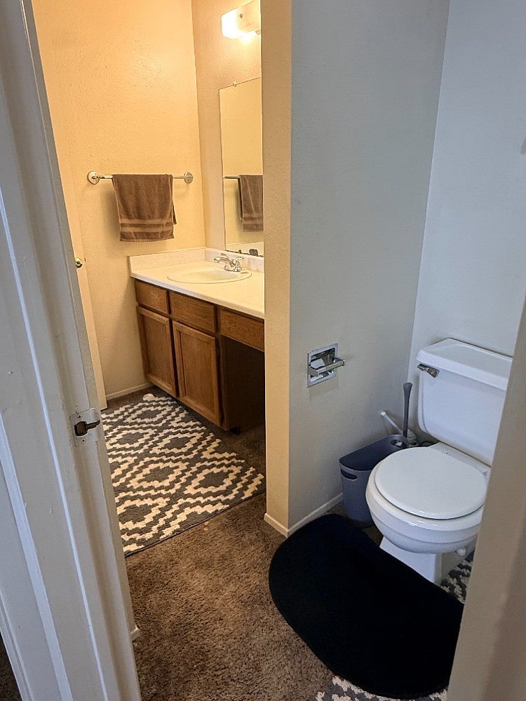 Toilet area is adjacent to sink and shower/tub area
