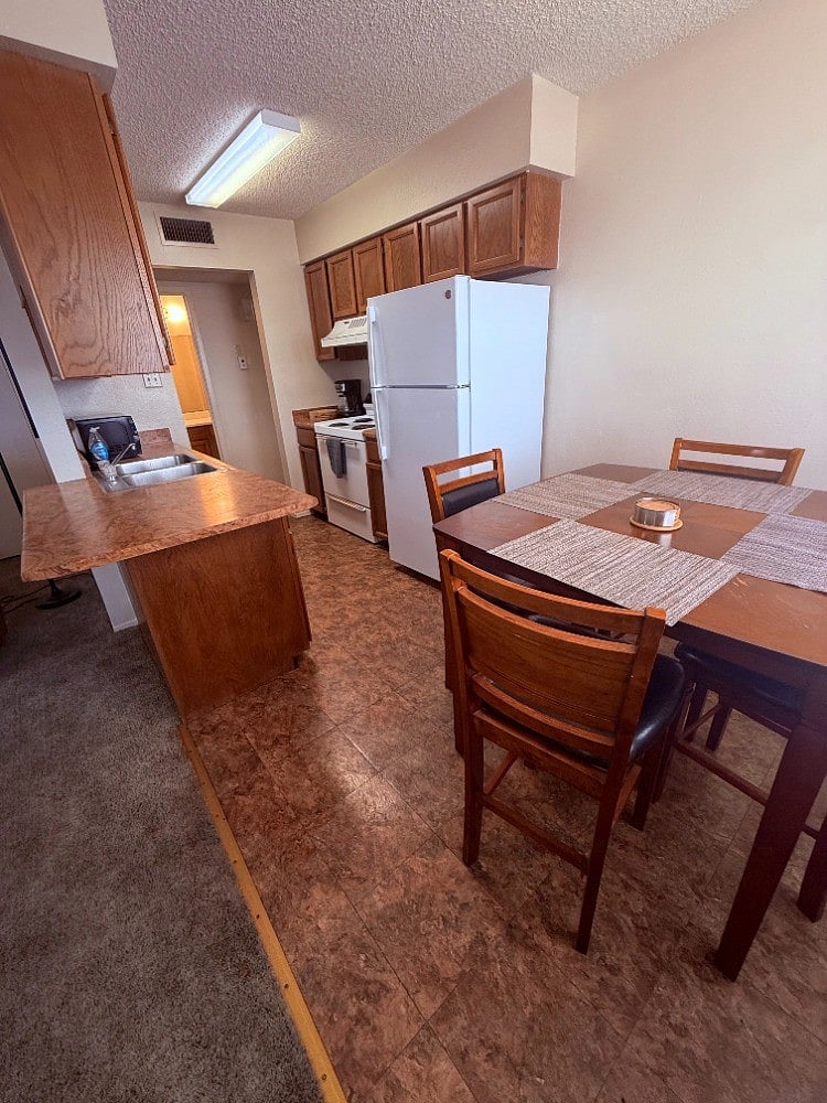 Functional Kitchen with adjacent dining area.