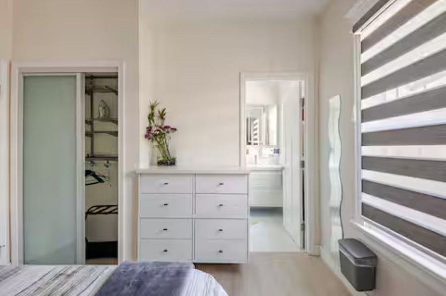 Bedroom #1(Queen bed) : Contemporary yet inviting, this room features a floating dresser and soft frosted glass that gently diffuses light. Thoughtful design elements and clean lines create a restful atmosphere with just the right balance of style and comfort.