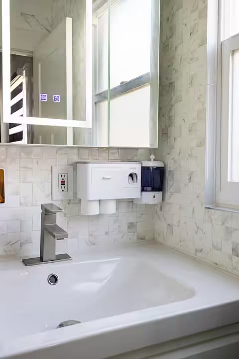 Bath #1: Enjoy a spa-like setting with a smart LED lighted mirror, an automatic hand soap dispenser, wall-mounted cups, and a modern floating integrated sink for a clean, streamlined look