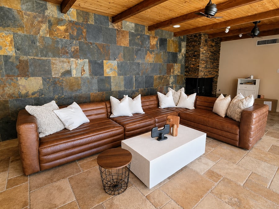 Living room with confortable sofa and fireplace