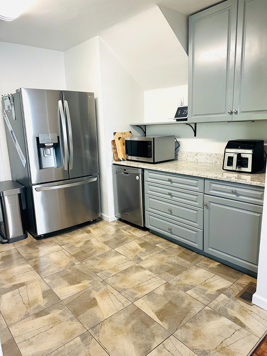 Well equipped kitchen; w/ microwave, air fryer, Keurig, and all essentials. Full size fridge has both a regular ice maker and a craft ice maker perfect for cocktails.