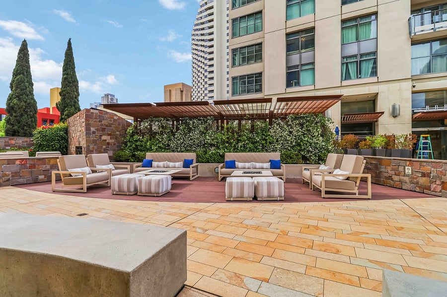 Plaza seating area with fire pit