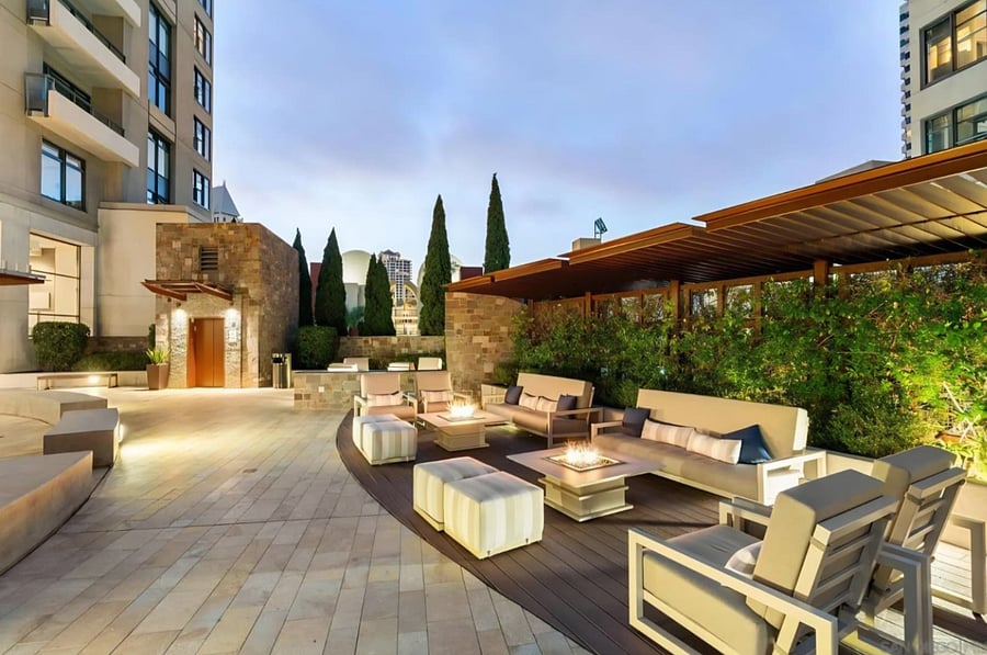 Plaza seating area with fire pit