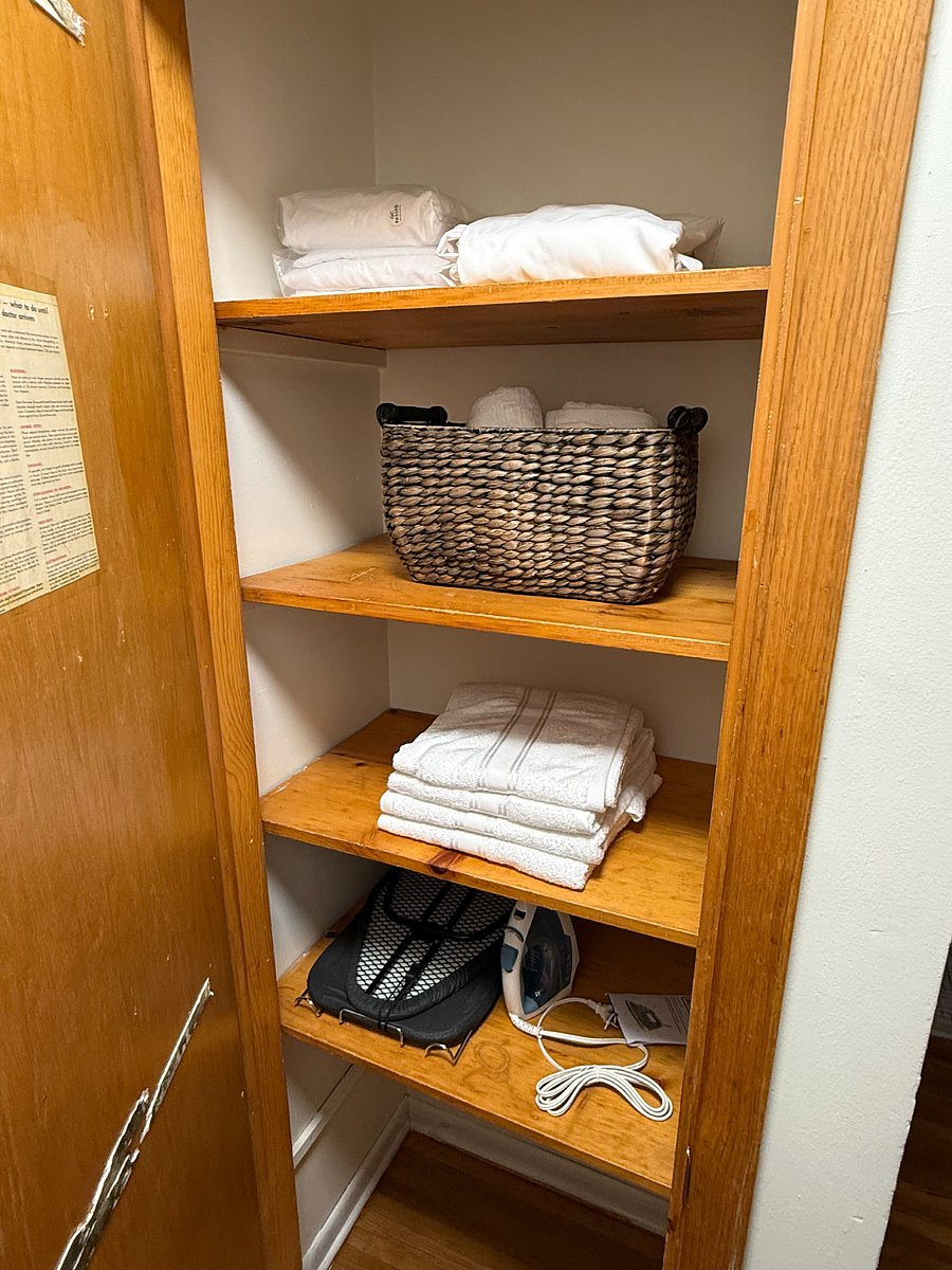 Complimentary hotel style towels and sheets. Iron and iron board are available.
