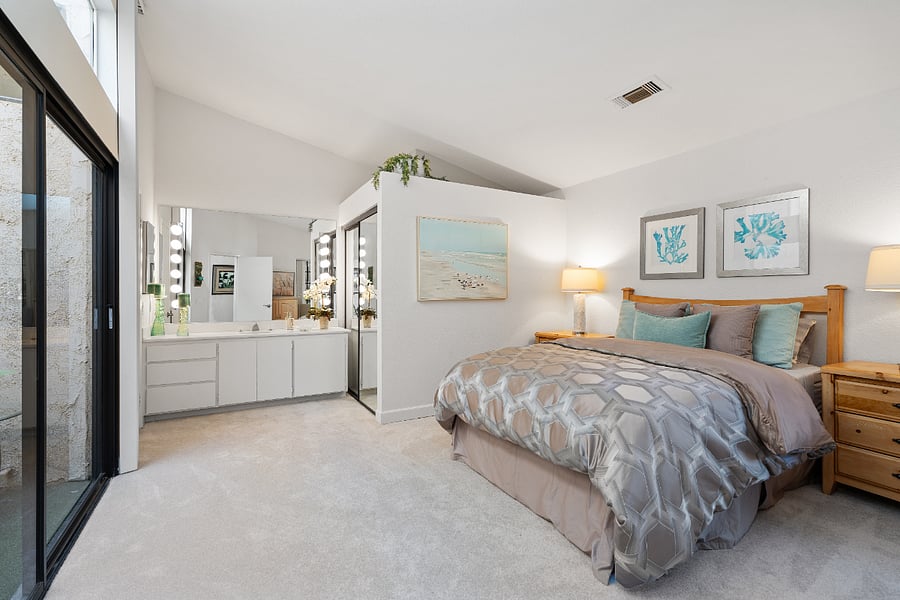 Main level guest bedroom and full sized bathroom