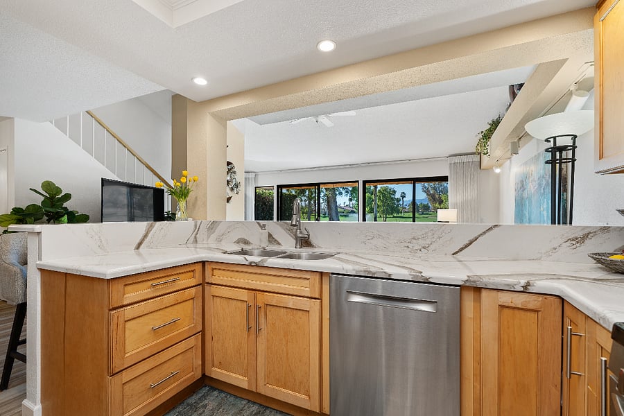 Kitchen facing the lake and fountains