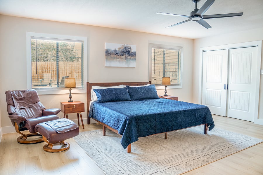 Master bedroom with large walk-in closet and attached bathroom. One of two bedrooms with attached bathrooms
