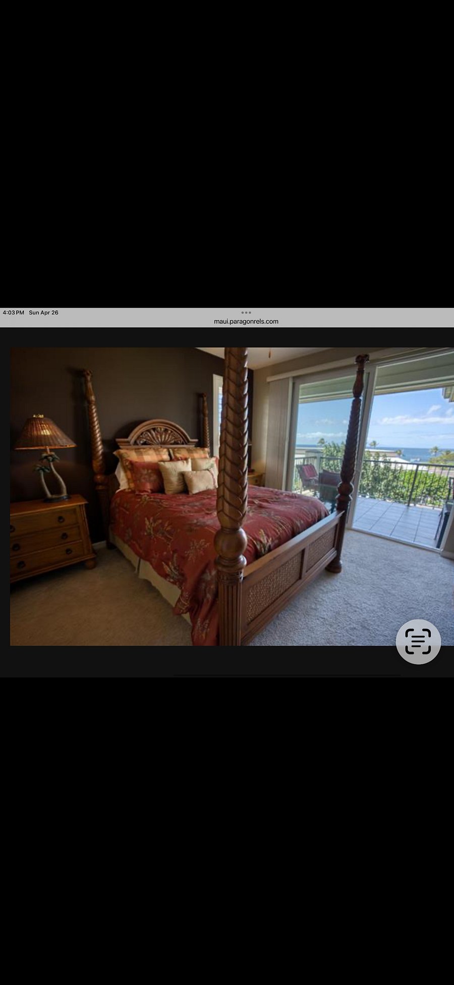 Master bedroom has Tropical themeTommy Bahama four poster queen  bed with matching triple dresser, and two large nightstands, ocean view and exits to the 300 square-foot lanai