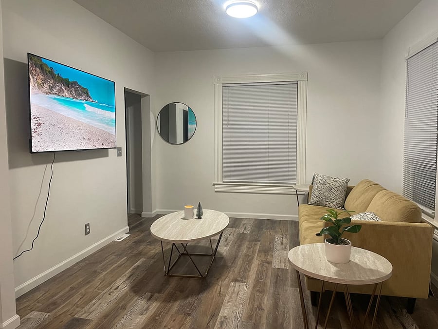 Cozy living room includes two couches, one that converts into a sleeper for extra versatility. 65-inch smart TV.