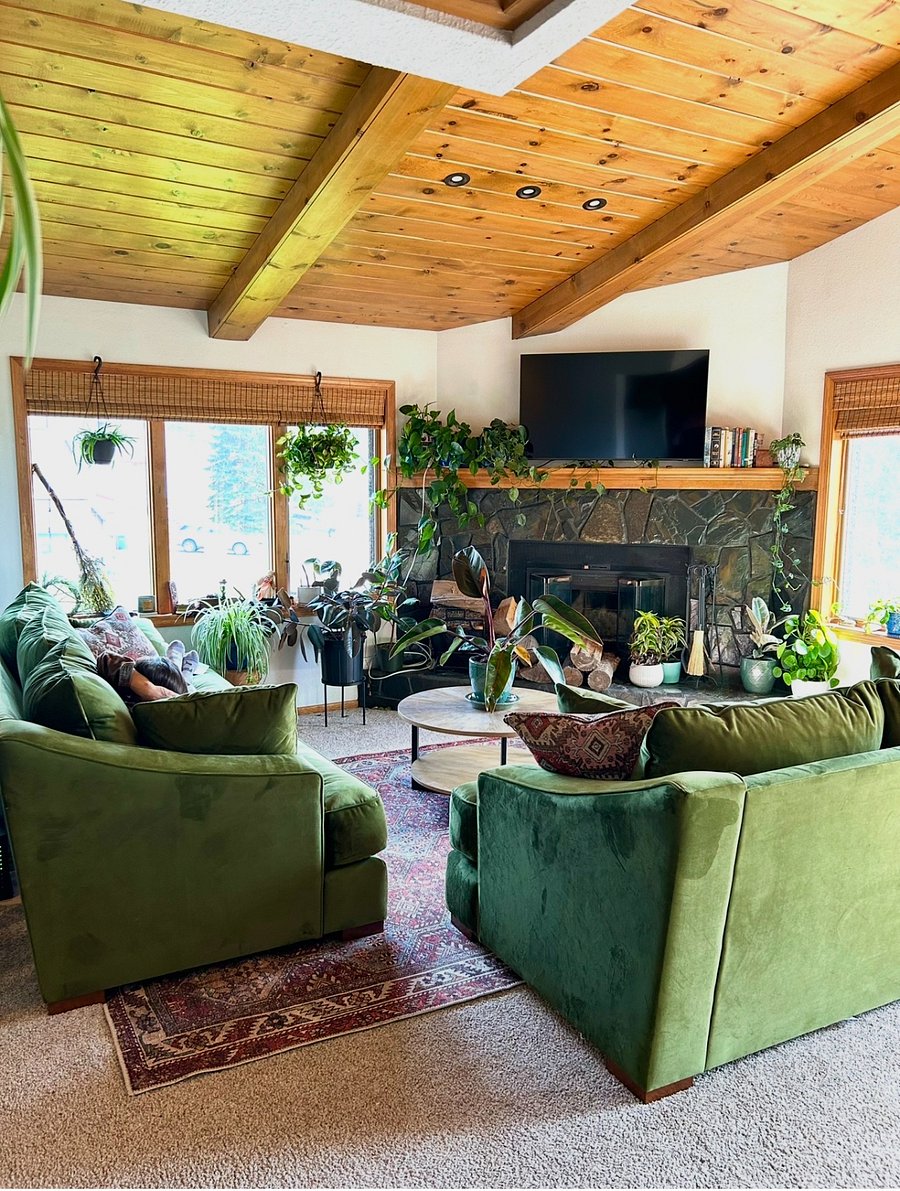Our shared living space with mountain views and wood burning fireplace