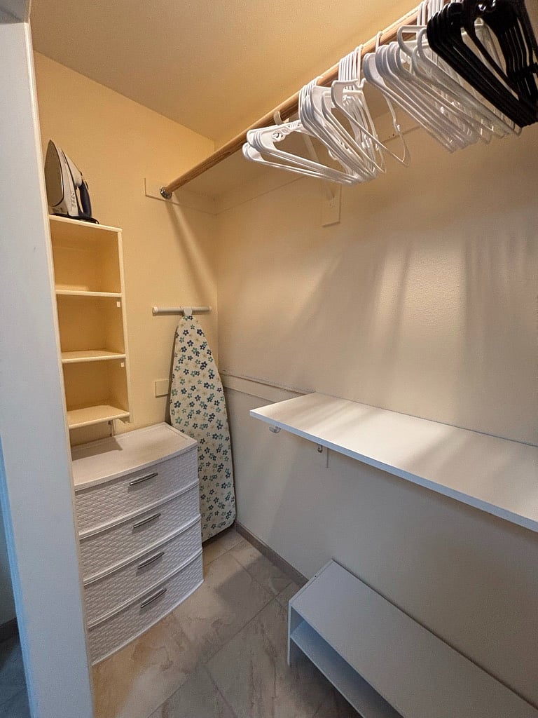 Closet w/ drawer & shelf storage, Iron / ironing board