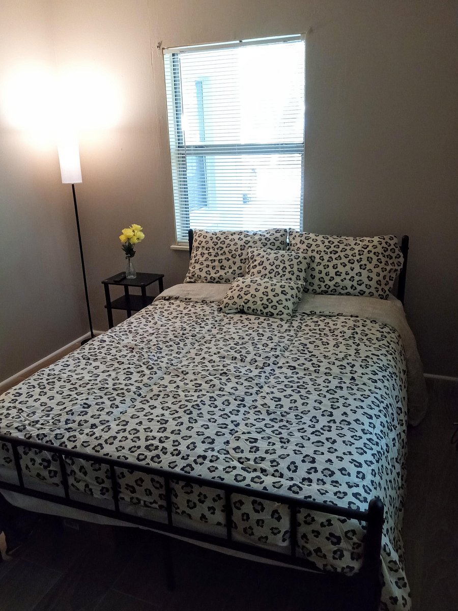Private bedroom features a full-size bed, side table, and two windows with blinds for natural light and privacy.