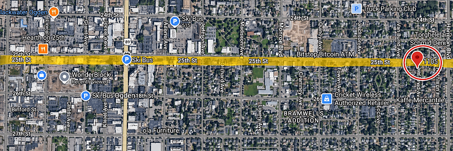 Map view highlighting 25th Street, with the property at 1105 circledconveniently located near Historic 25th Street and less than a block from the OGX transit stop, with easy access to restaurants, shops, the ski bus, and FrontRunner train.