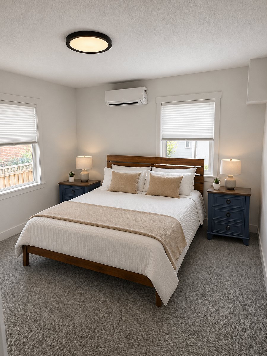 Bright, comfortable bedroom featuring a cozy bed, nightstands, and soft lighting complete with blackout curtains for a restful nights sleep.
