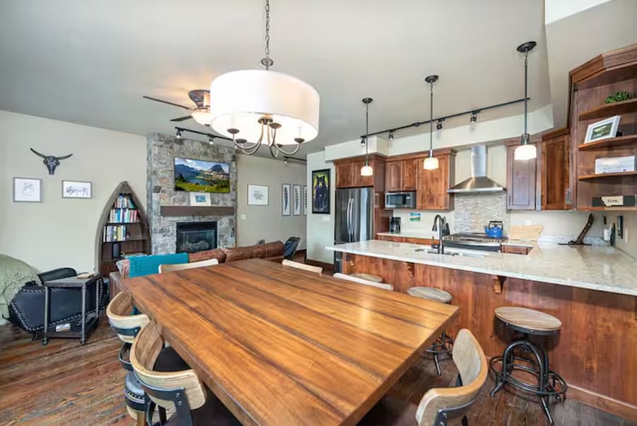 Living area, kitchen, dining