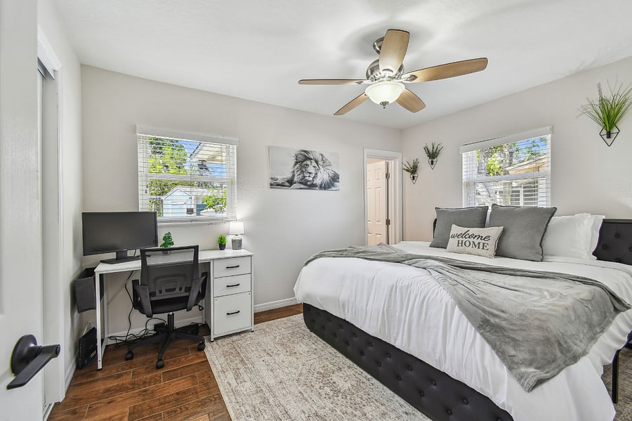 Bedroom 3, king bed, with closet, workspace, and ensuite bathroom