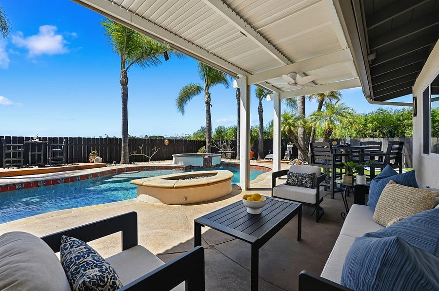 Backyard oasis with firepit, jacuzzi & pool