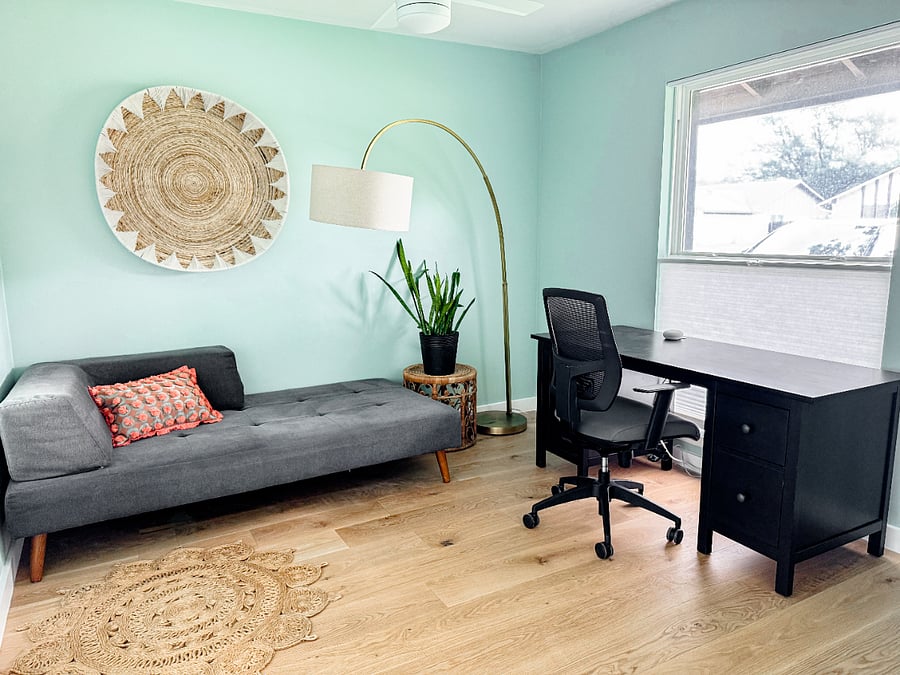 Office with twin daybed for overnight guests, linens included