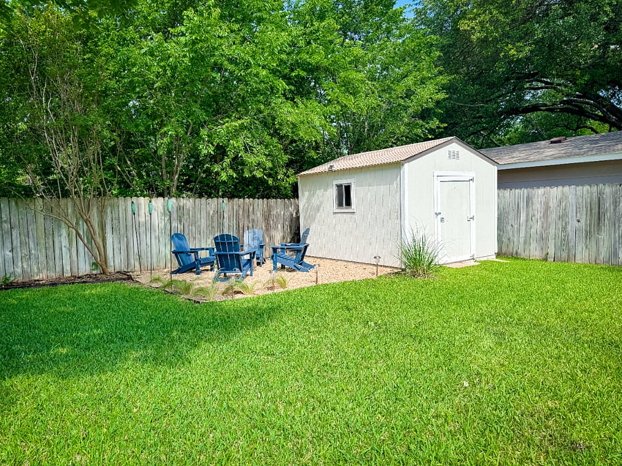 Firepit area with outdoor shed