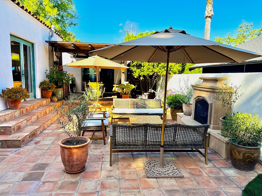 Back Patio with gas fireplace, fountain and lots of space to sit and chat.