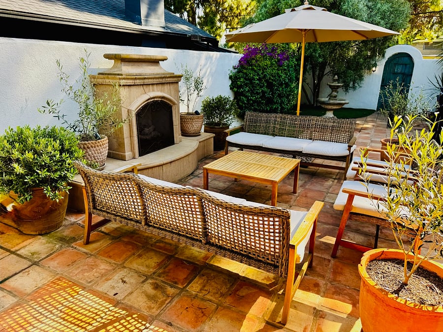 Back Patio with gas fireplace, fountain and lots of space to sit and chat.